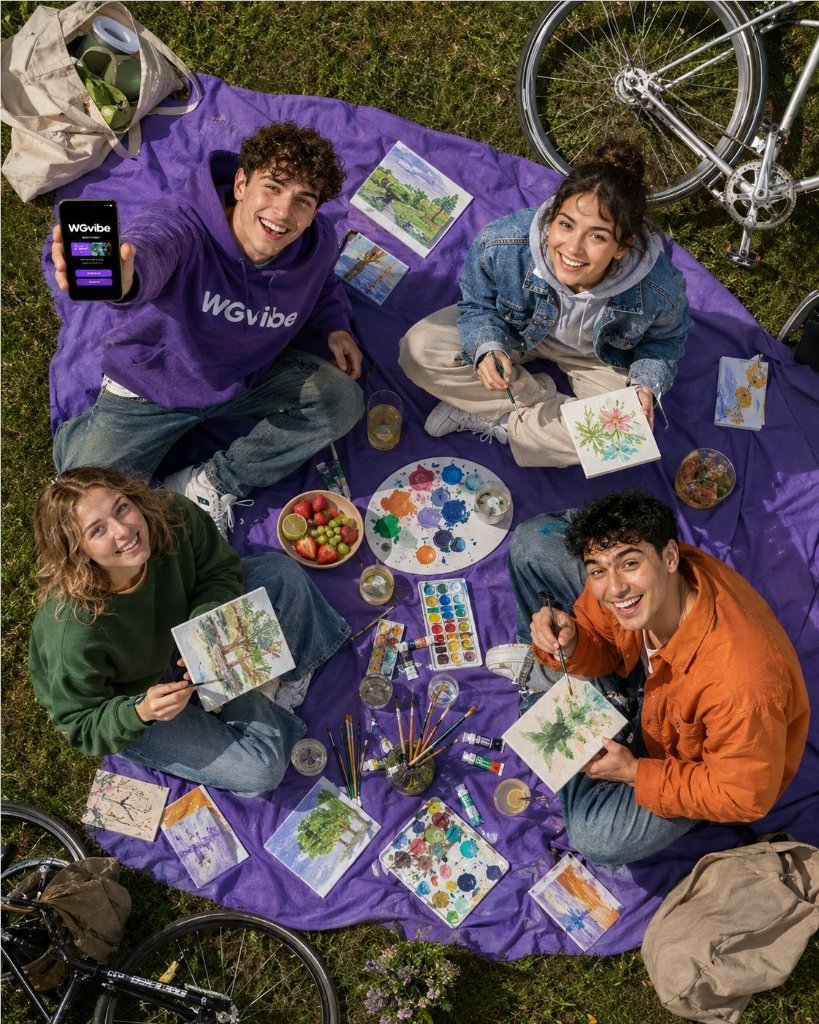 Vier Freunde malen gemeinsam auf einer Picknickdecke